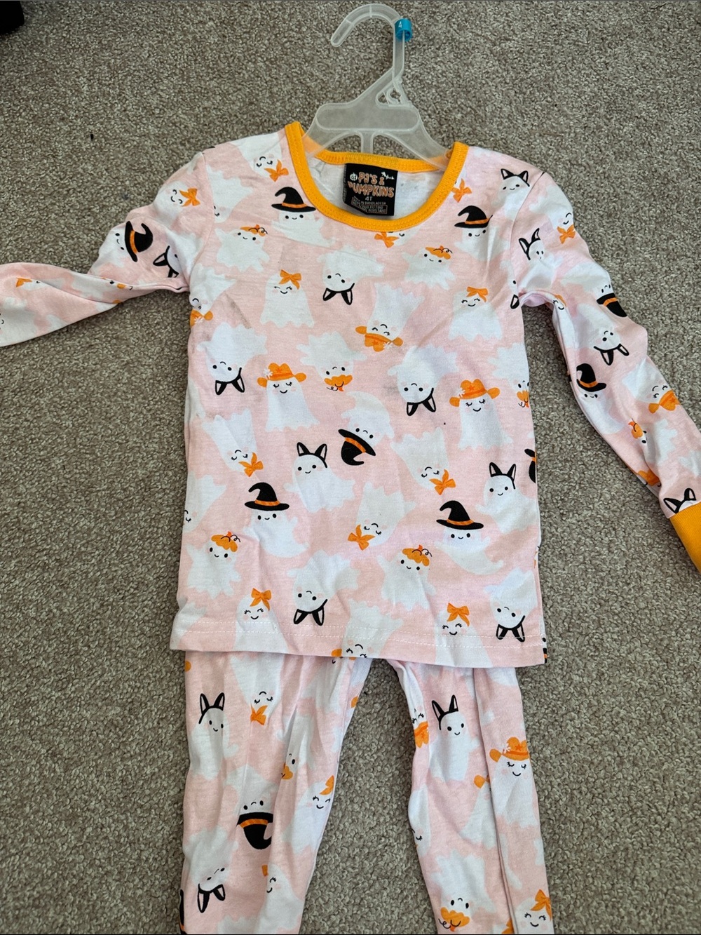 Pink Ghost Print Kids Pajama Set with Orange Trim